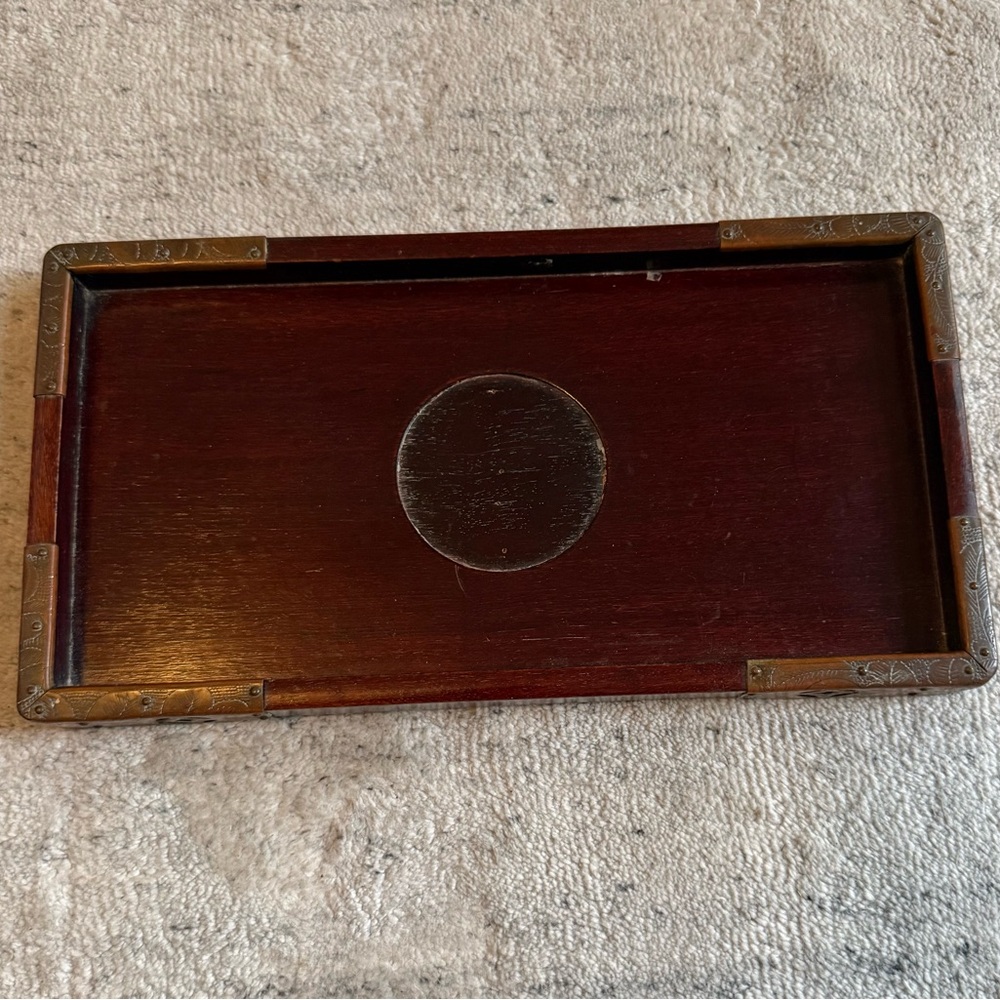 Vintage Asian Motif Rosewood Tray W/ Brass Accents Hardware 13” X 7”